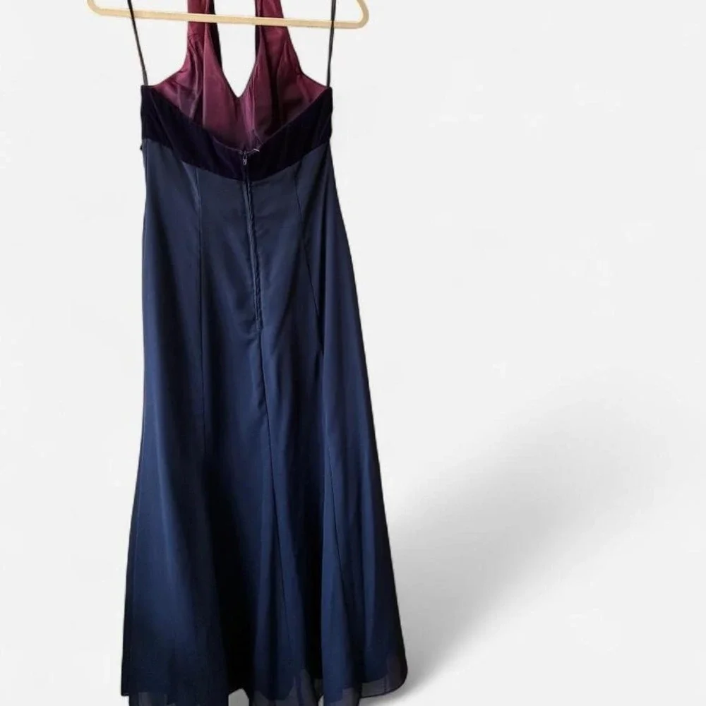 Vintage Y2K Style Navy blue & magenta velvet halter neck dress‎ w/ ruffle detail
